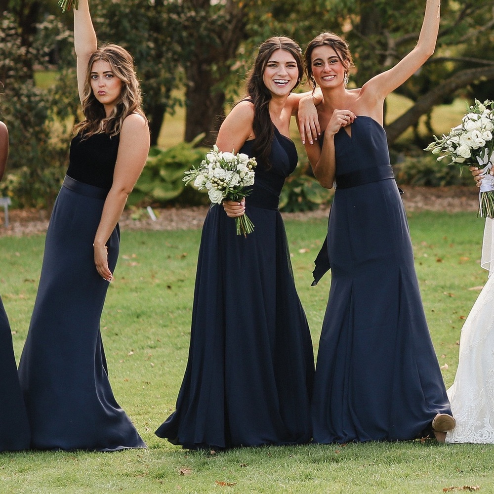 Sheer Strap One-Shoulder Sheath Bridesmaid Dress - Navy Size 2